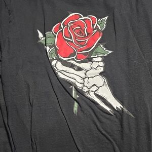 Black T-Shirt with Skeleton Hand and Red Rose Graphic